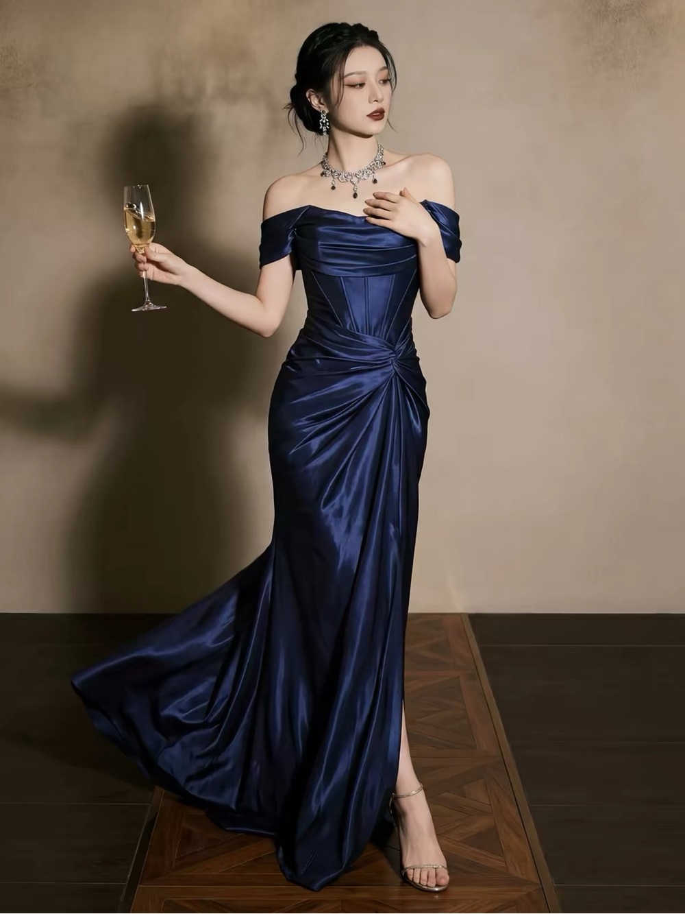 Off-Shoulder Navy Blue Evening Gown